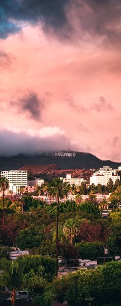 the city is surrounded by palm trees under a colorful sky with clouds and mountains in the background