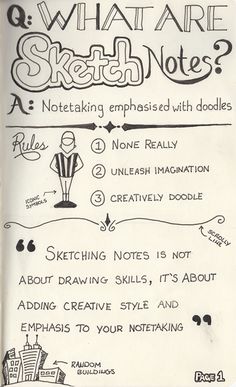 an open notebook with handwritten notes on what are sketch notes? written in black ink