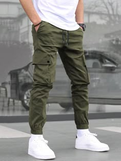 Army Green Street Collar  Fabric Plain Cargo Pants Embellished Non-Stretch Spring/Summer/Fall Men Clothing Best Mens Pants, Cargo Outfit, Mens Business Casual Outfits, Mens Jogger Pants, Men Fashion Casual Shirts, Stylish Men Casual