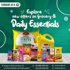 an advertisement for grocery and daily essentials is displayed on a table with the words explore new offers on grocery & daily essentials