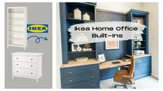 ikea home office built - ins with blue cabinets and white drawers, including a desk