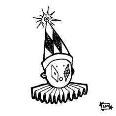 a black and white drawing of a clown's face with a birthday hat on