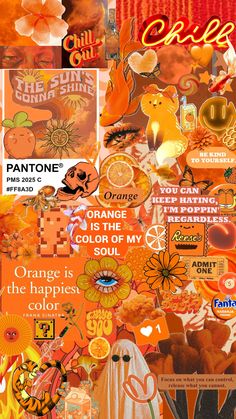 an orange collage with words and pictures on it's side that says, orange is the color of my soul