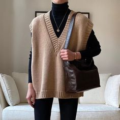 V Neck Knitted Vest, Jumper Fashion, Sweater Sleeveless, Vest Sweater, Knitted Vest, Looks Chic, Solid Clothes