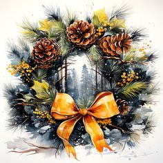 a watercolor wreath with pine cones and yellow bow on it, painted by hand