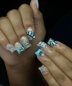 Retro Nails, Acrylic Nail Set, Blue Acrylic Nails