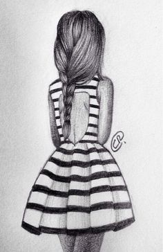 a drawing of a girl in a striped dress with her back turned to the camera