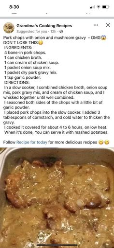 an image of food in a pan on the table with text above it that reads grandma's cooking recipes