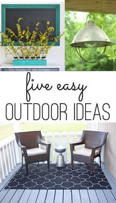 four different pictures with the words five easy outdoor ideas on them and photos of chairs