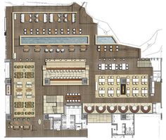 the floor plan for a restaurant with several tables and seating areas, including an outdoor dining area