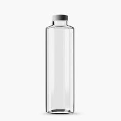 a clear glass bottle with a black top on a white background, it is empty and ready to be used