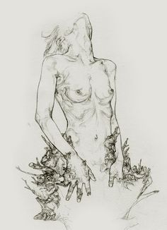 a black and white drawing of a naked woman with her hands in the air next to flowers