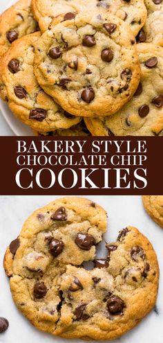 chocolate chip cookies are stacked on top of each other with the words bakery style chocolate chip cookies