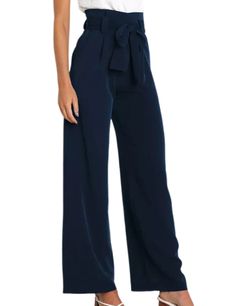 Navy Blue Wide Leg High Waist Pocket Pants with Belt Spring Blue Belted Bottoms, Casual Blue Bottoms With Tie Waist, Casual Blue Belted Bottoms, Chic Solid Blue Pants, Chic Blue Solid Color Pants, Blue Belted Summer Bottoms, Chic Navy Wide-leg Pants, Chic Blue Belted Bottoms, Navy Casual High-waisted Wide Leg Pants