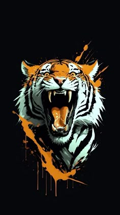 a tiger with its mouth open and it's teeth wide open, on a black background