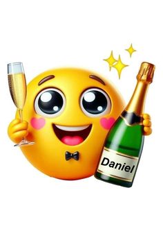 an emoticive smiley face holding a bottle of champagne