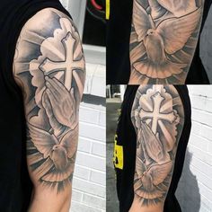 a man with a cross and dove tattoo on his arm is shown in three different views