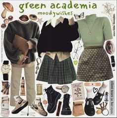 Transfemme Fashion Tips, Preppy Vintage Outfits, Witchcore Outfit Male, Library Chic Outfits, Green Academia Outfit, Soft Academia Aesthetic Outfits, Chaotic Academia Aesthetic Outfit, Cottagecore Lookbook, Green Lookbook