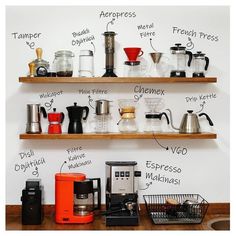 the shelves are filled with different types of coffee machines and espresso machine parts