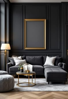 Dark Grey Couch Living Room Gold And Grey Aesthetic, Moody Transitional Living Room, Dark Grey Walls Living Room, Living Room Frames, Room Frames