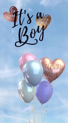 it's a boy balloons in the sky with some writing on them and hearts