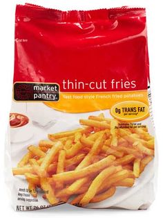 a bag of thin cut fries sitting on top of a table