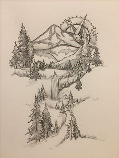 a drawing of mountains and trees with a compass in the middle, on white paper