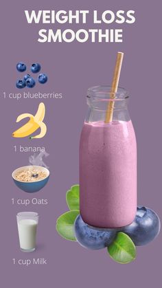 blueberry smoothie in a glass with ingredients to make it