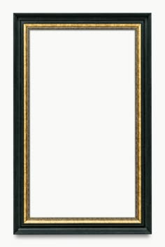 an empty black and gold frame on a white wall