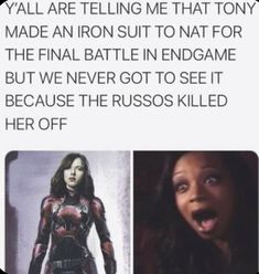 an image of the avengers movie with caption that reads, y'all are telling me that tony made an iron suit to not for the final battle in endgame but we never got to see it because