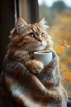 a cat is sitting on a window sill holding a cup of coffee and looking out the window