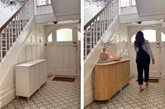 two pictures of a woman standing at the bottom of stairs in front of an entryway