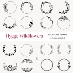 various floral wreaths and frames for photoshopping on white paper with the words hygge wildflowers