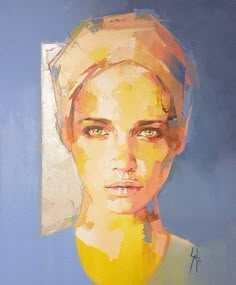 an oil painting of a woman's face on a blue background with yellow highlights