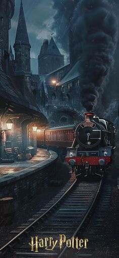 a harry potter movie poster with a train coming down the track