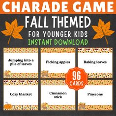 the fall themed printable game for young kids is shown with an orange and black background