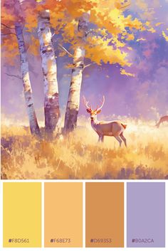 the color palette for this painting shows an image of a deer and two trees with yellow leaves