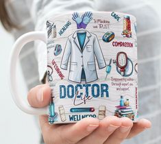 a woman is holding a coffee mug with an image of doctor's work on it