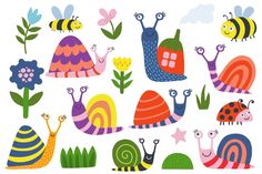 an image of snails and flowers on a white background for children's wallpaper