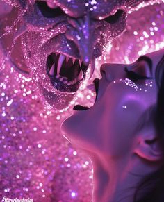 a woman with her mouth open in front of a purple background that has glitter on it