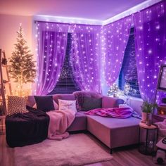 a living room with purple curtains and lights on the windowsills, a large sectional couch in front of a christmas tree