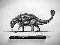 a pencil drawing of a dinosaur with its head in the ground and it's tail curled up