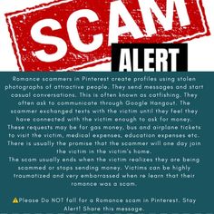 the scam alert poster is shown in red and black, with text below it