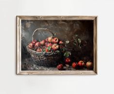 an oil painting of apples in a basket