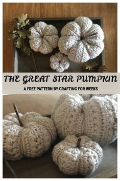 crocheted pumpkins in a box with text overlay that says the great star pumpkin