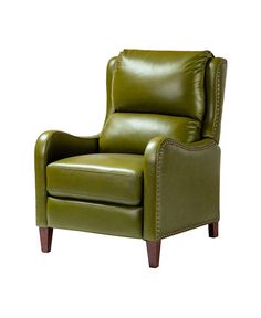 a green leather recliner chair with studded trimmings on the arms and back