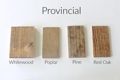 four different types of wood that are labeled in the same color and size, including whitewood, pine, red oak