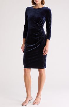 Classic and versatile, this cocktail dress cut from buttery velvet easily takes you from your desk to after-work drinks. 40" length Hidden back-zip closure Jewel neck Three-quarter sleeves Lined 90% polyester, 10% spandex Dry clean Imported Blue Velvet Dresses, Sheath Midi Dress, Black Tie Party, Blue Velvet Dress, Velvet Cocktail Dress, Velvet Dresses, Daytime Dresses, Kids Styles, Maggy London