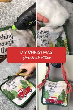 the instructions for how to make this diy christmas dishcloth pillow with an oven mitt