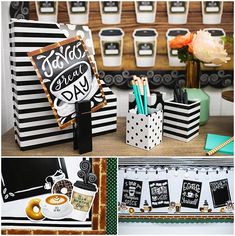 black and white themed baby shower party with cupcakes, coffee cups, candy bar